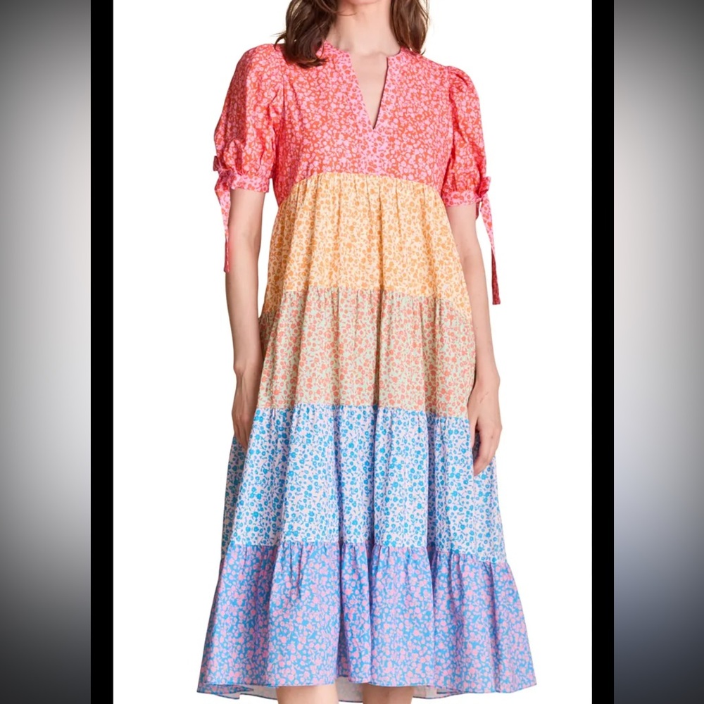women’s size 3x The English Factory Floral Colorblock Tiered Cotton Midi Dress